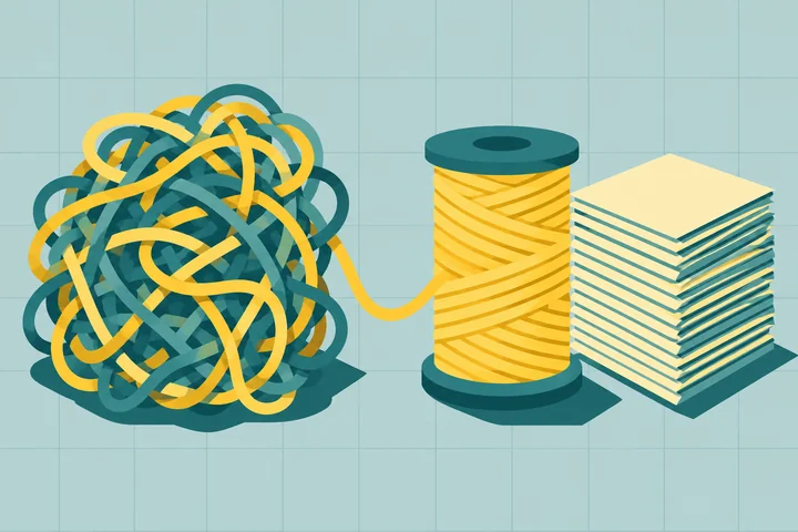 Illustration of a tangled ball of yarn being wound into a neat yellow spool beside a tidy stack of papers
