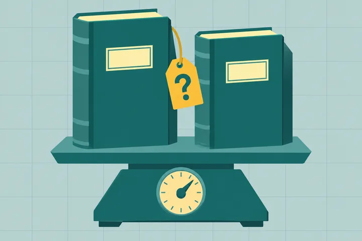 Illustration of Sage accounting software vs QuickBooks as two ledger books on a scale with a yellow question tag between them