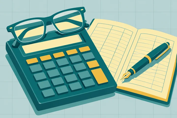 Illustration of a desk calculator wearing reading glasses next to an open ledger with a fountain pen