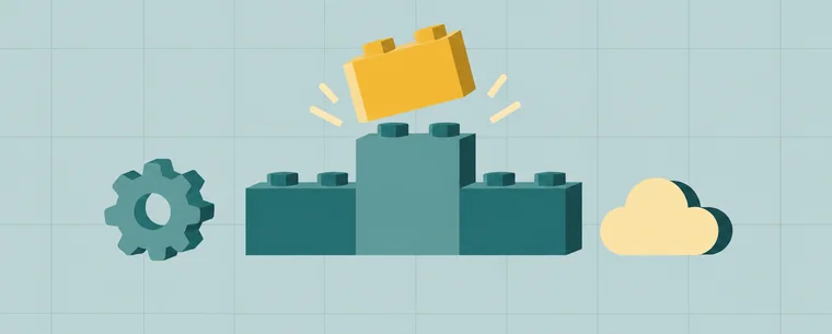 Illustration of building blocks snapping together, with a gear and a cloud