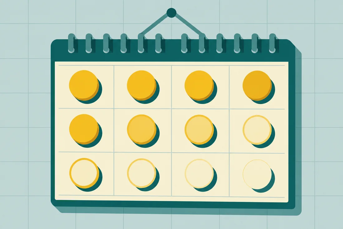 Illustration of NetSuite Advanced Revenue Management as a wall calendar with a yellow coin on each month, fading toward the last months
