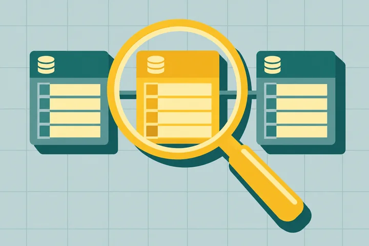 Illustration of a magnifying glass over three linked database tables