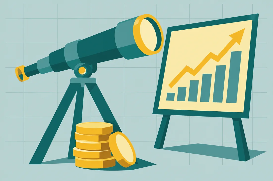 Illustration of cash flow forecasting: a telescope on a tripod pointed at a rising line chart, with a stack of coins at its foot