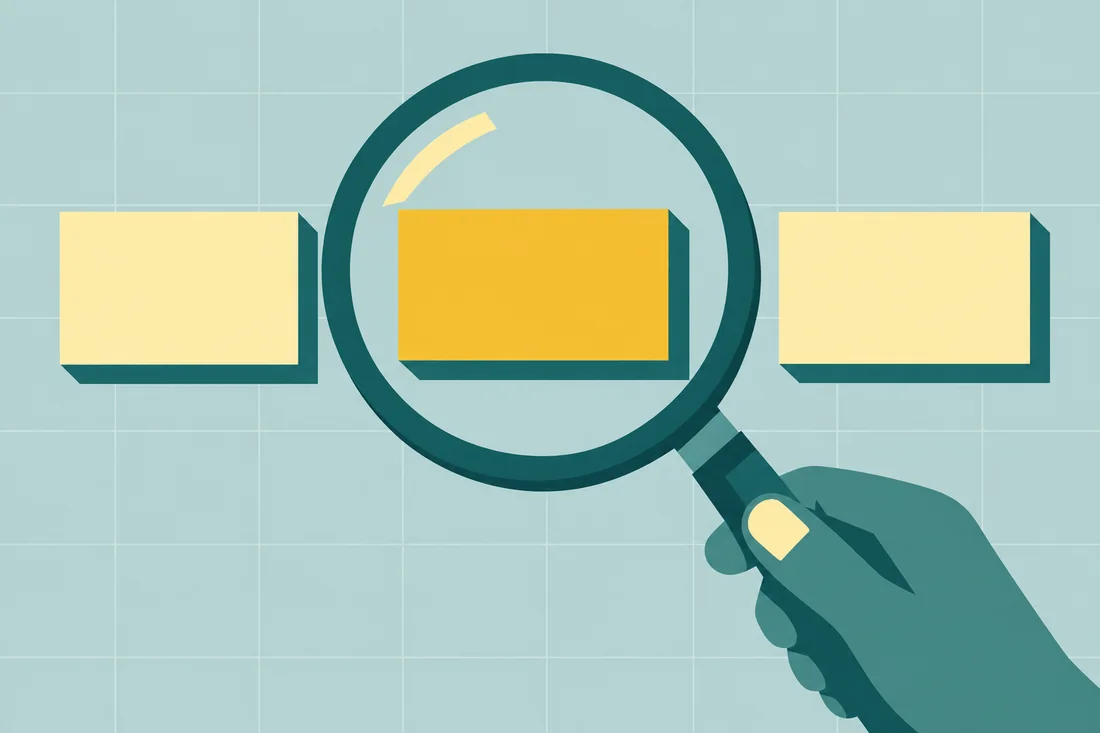 Illustration of a magnifying glass held over three business cards, the middle one in yellow