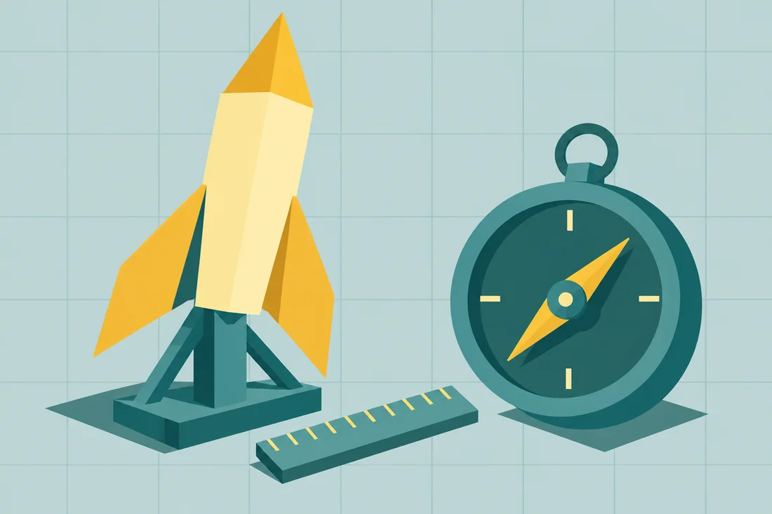 Illustration of CFO services for startups as a small paper rocket on a launch stand beside a teal compass and a short ruler