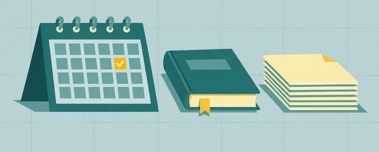 Illustration of a calendar with one day ticked, a ledger and a neat stack of papers