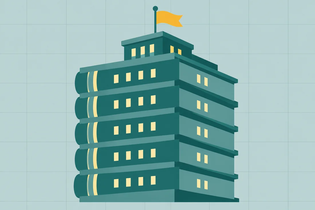 Illustration of the benefits of Sage accounting software as a building made of neat stacked ledgers with a yellow flag
