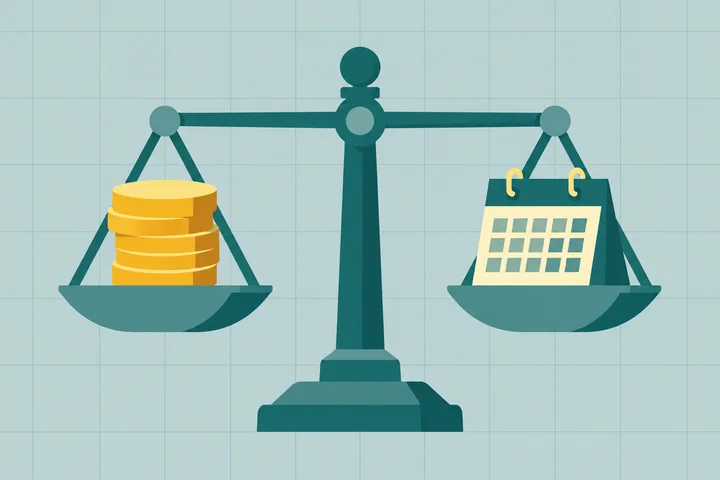 Illustration of a balance scale with a stack of coins on one side and a calendar page on the other