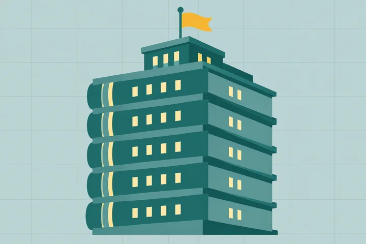 Illustration of the benefits of Sage accounting software as a building made of neat stacked ledgers with a yellow flag