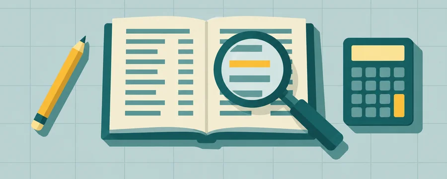 Illustration of a magnifying glass over a ledger with one line highlighted
