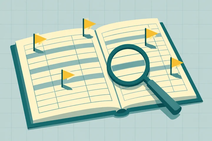 Illustration of an open bookkeeping ledger with yellow warning flags marking mistakes and a teal magnifying glass over one entry