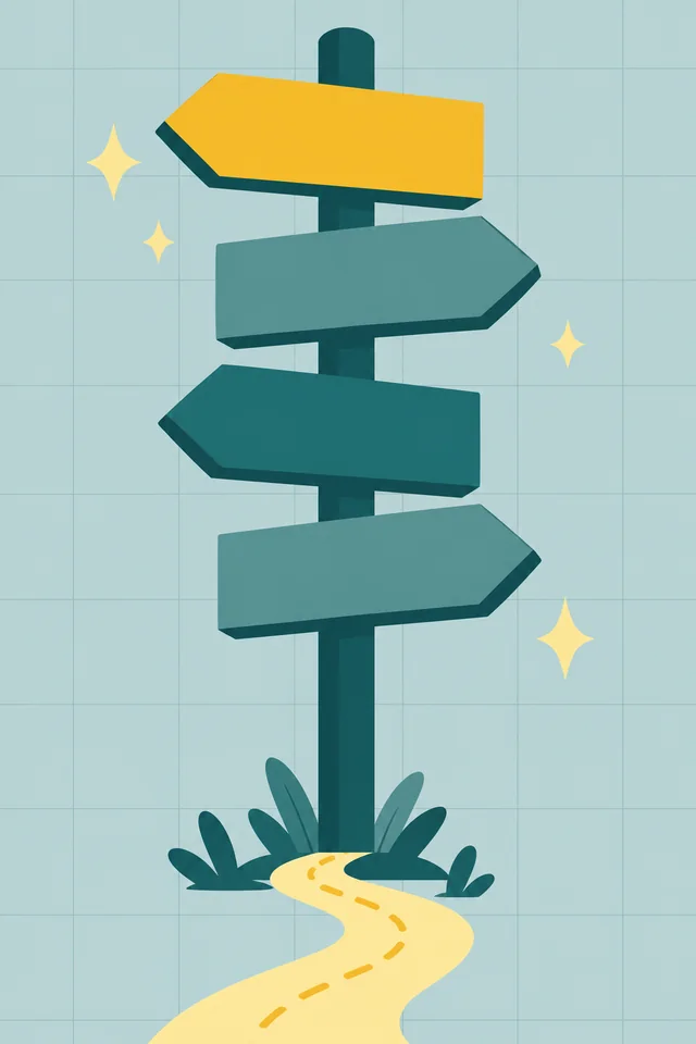 Illustration of a signpost with four signs at the start of a winding path