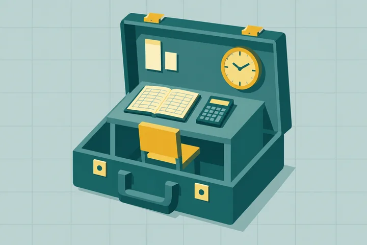 Illustration of a teal briefcase open like a small office, showing outsourced accounting services as a desk with a ledger, a calculator and a yellow clock