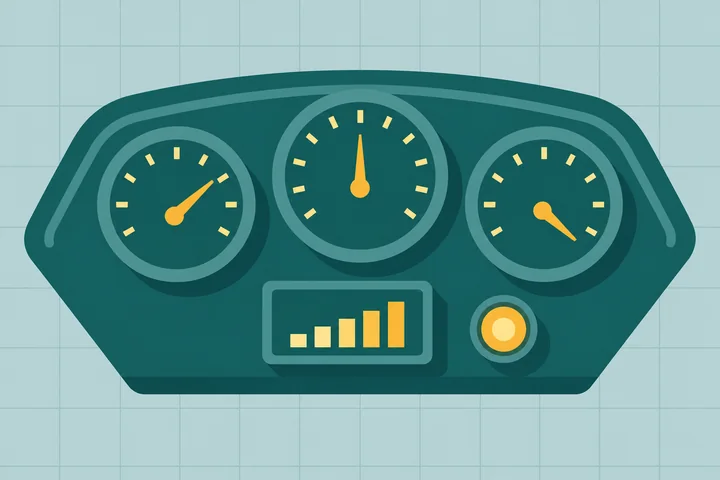 Illustration of NetSuite dashboards as a car dashboard with three gauges, a small bar chart and one yellow warning light