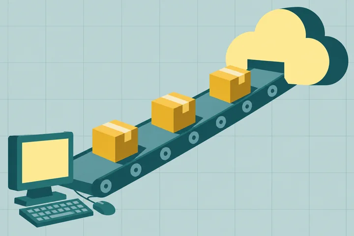 Illustration of moving boxes on a conveyor belt travelling from a small desktop computer to a large cloud