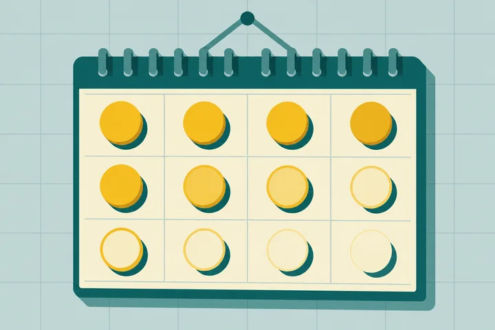 Illustration of NetSuite Advanced Revenue Management as a wall calendar with a yellow coin on each month, fading toward the last months
