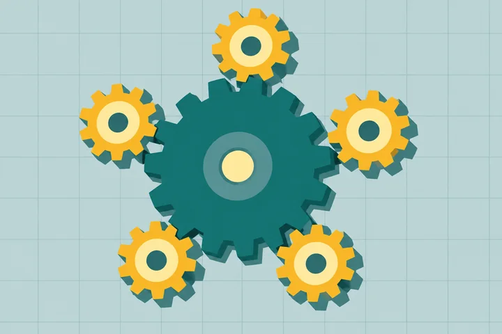 Illustration of the benefits of NetSuite accounting as one large teal gear turning five small yellow gears