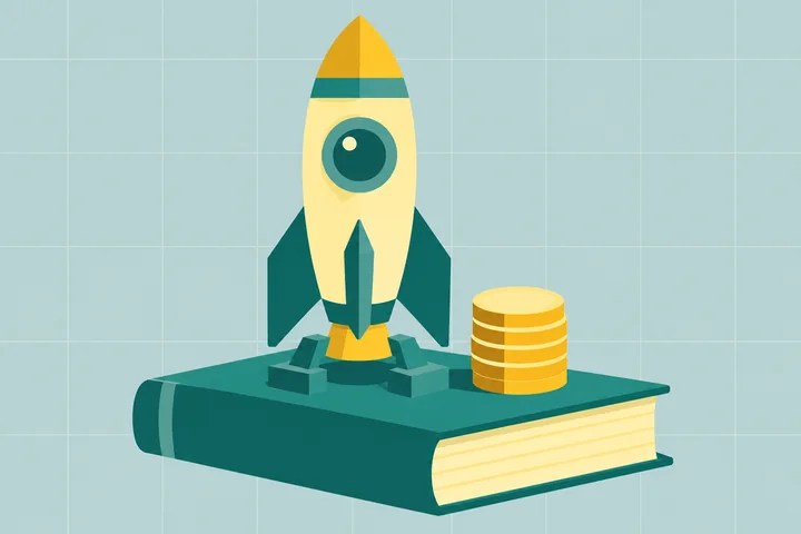Illustration of a small rocket standing on a launch pad made of a ledger book with a stack of coins beside it
