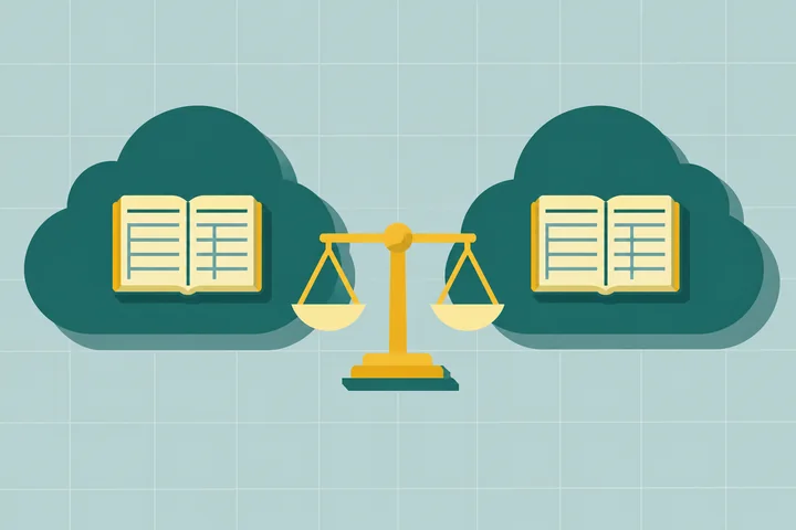 Illustration of Sage Intacct vs NetSuite as two teal clouds each holding a ledger, balanced on a yellow scale