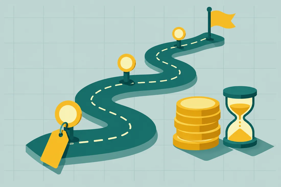 Illustration of NetSuite implementation cost and timeline: a winding road with milestones and a price tag, next to a stack of coins and an hourglass