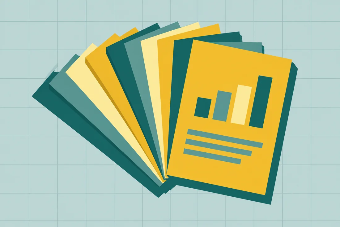 Illustration of NetSuite financial reporting as a fan of report cards with a small bar chart on the top yellow card