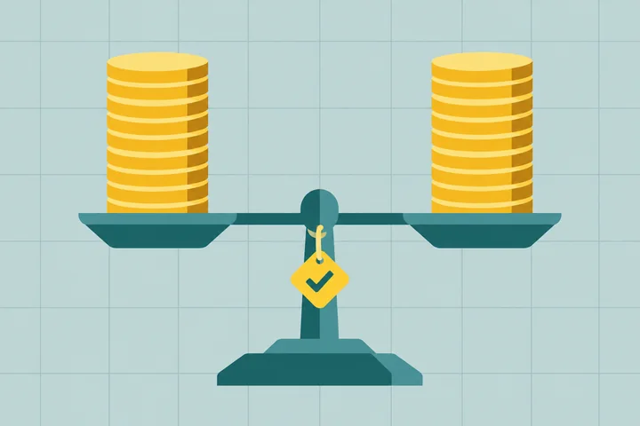Illustration of NetSuite bank reconciliation as a balance scale with two equal stacks of coins and a yellow check tag