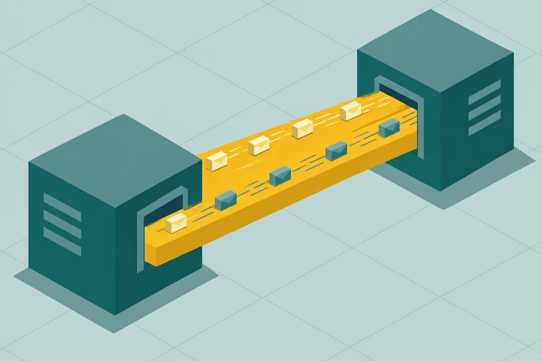 Illustration of a Salesforce NetSuite integration as two teal boxes joined by a yellow bridge with packets traveling both ways