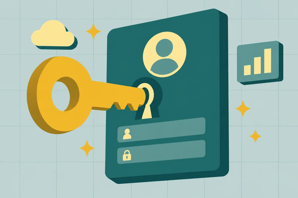 Illustration of a yellow key unlocking a sign-in card, with a cloud and a small chart