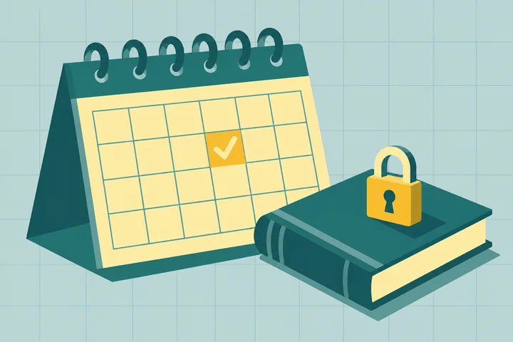 Illustration of a desk calendar with a yellow check mark next to a closed ledger with a padlock