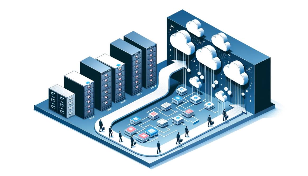 Illustration of a business transitioning from traditional servers to a cloud network, symbolizing the benefits of cloud migration.