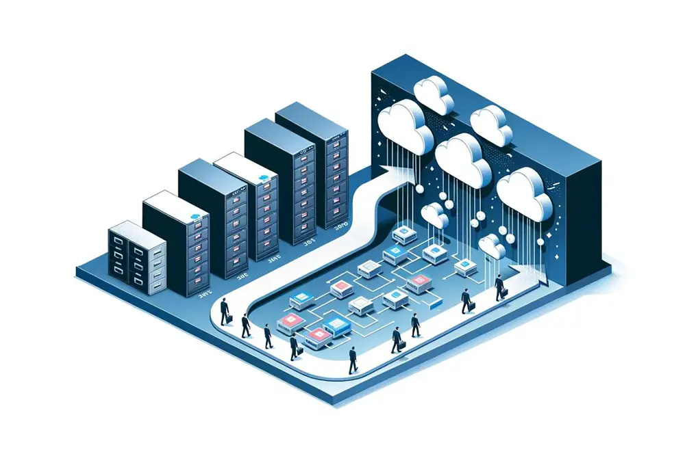 Illustration of a business transitioning from traditional servers to a cloud network, symbolizing the benefits of cloud migration.