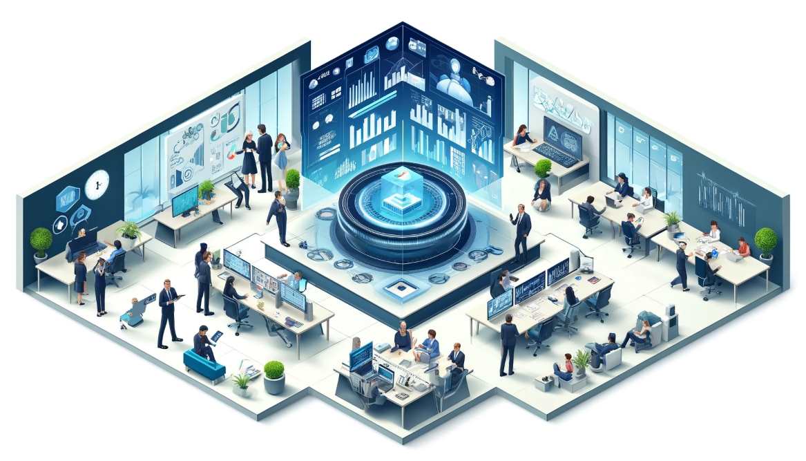 Isometric illustration of a high-tech office with AI-driven data analytics for business process optimization, featuring professionals using digital tools.
