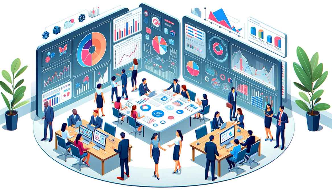 An isometric illustration of a modern office environment with diverse professionals engaged in financial reporting and analysis activities.